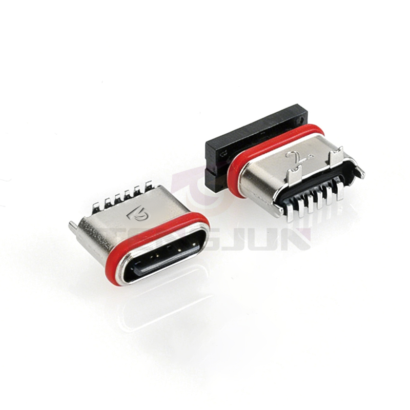 防水TYPE-C母座 6PIN 板上立贴 H7.1 舌片外露0.7 2插2贴 IPX7 锌合金